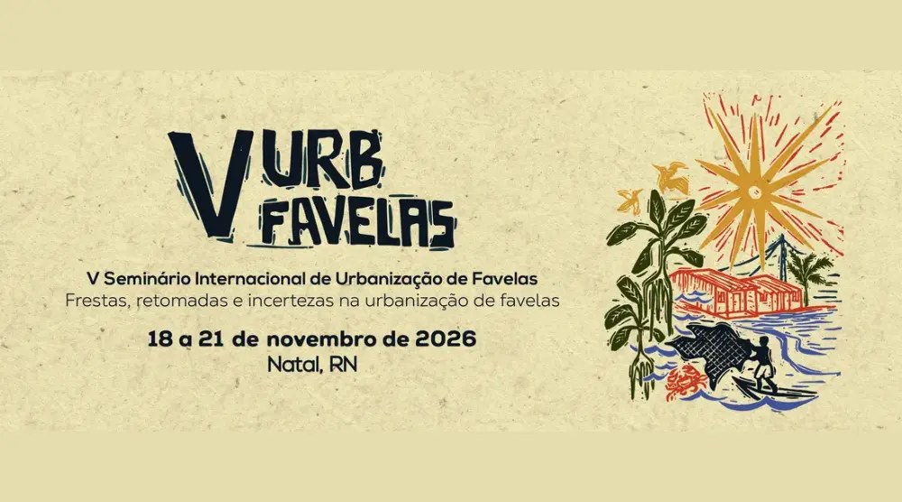 Arte de divulgação do V URBFavelas, com gravura de casa, coqueiro, sol e pescador